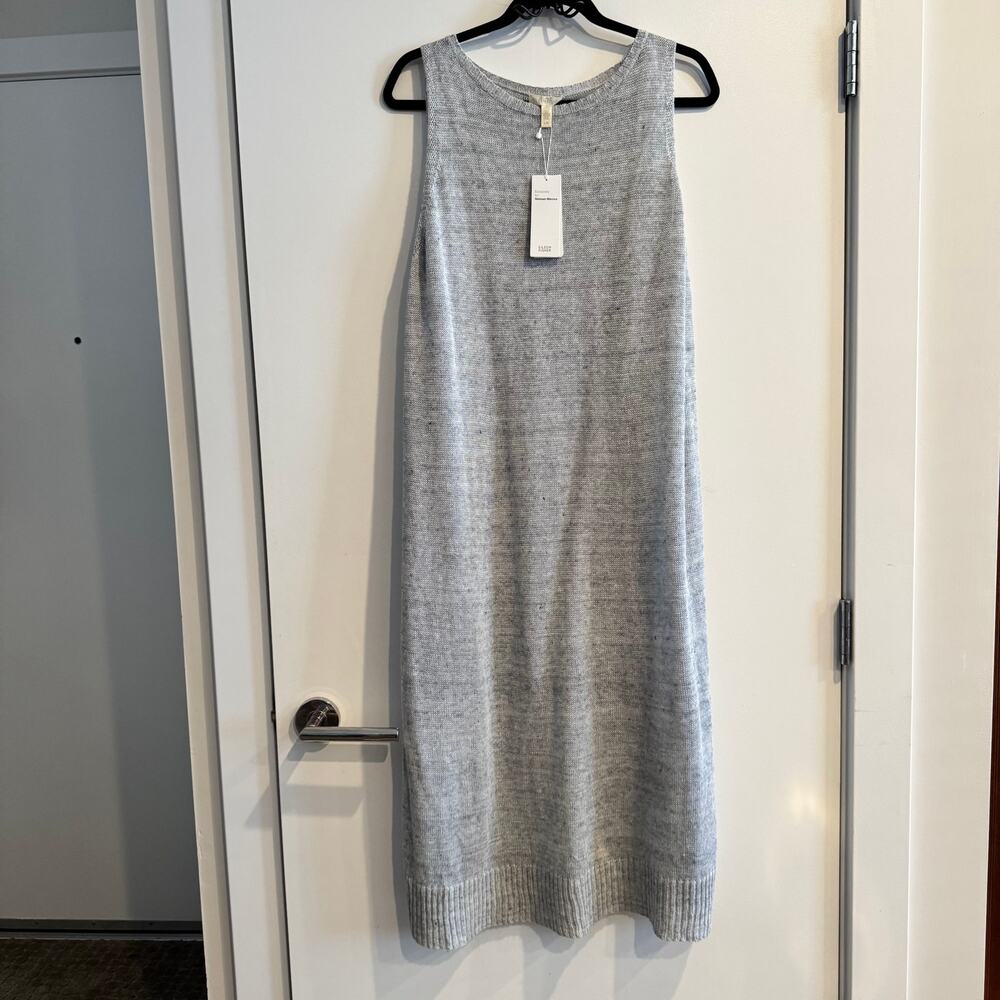 New Eileen Fisher Bateau NK Long Dress Gray Crew Neck Knitted Sleeveless Sz L